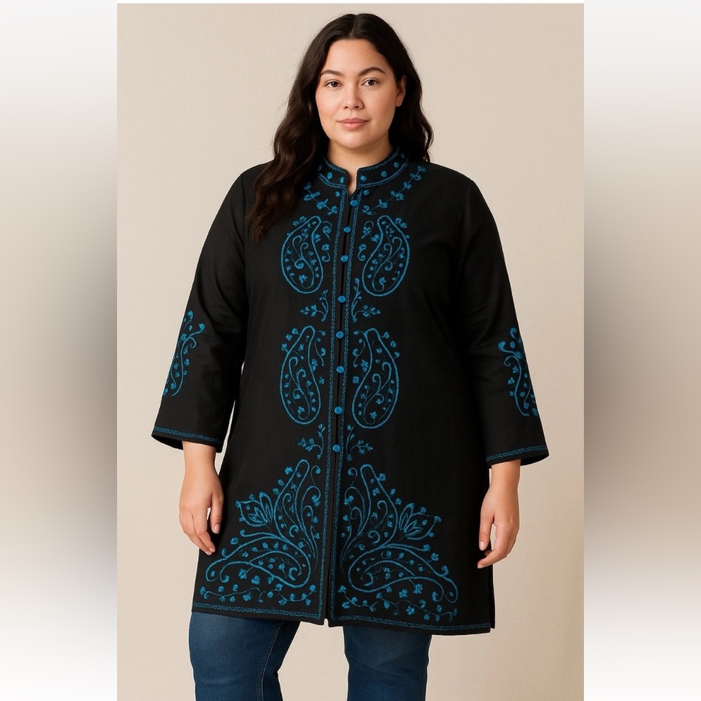 Anne Carson Jacket Womens 1X  Embroidered Linen Paisley Long Duster Lagenlook